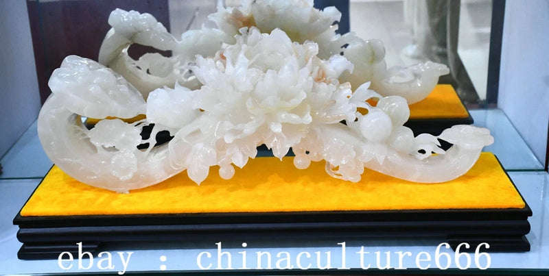 27" Old Dynasty Natural White Xiu Jade Carved Peony Flower Ruyi Statue Peony