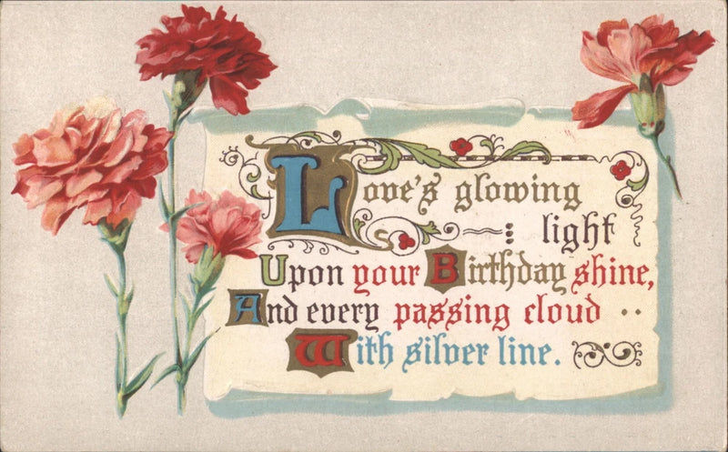 Vintage birthday postcard with pink carnations and ornate poem lettering
