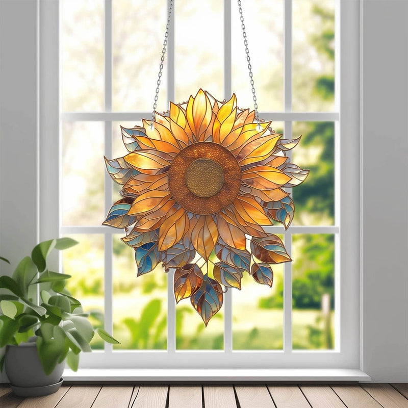 Sunflower acrylic window hanging with chain; orange petals with blue tips, round brown center