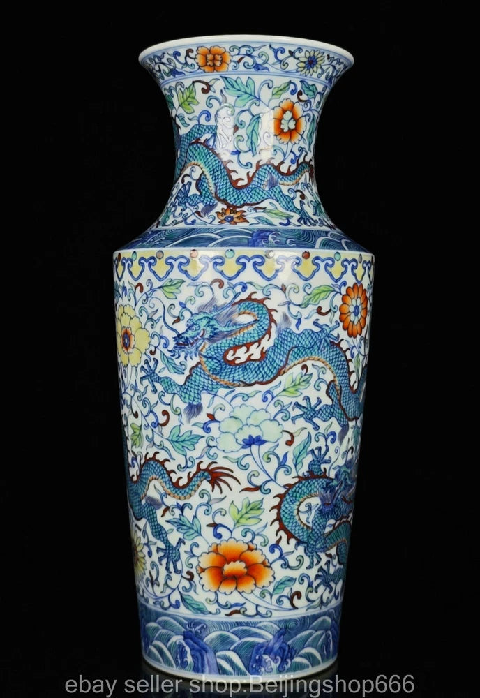 Blue porcelain bottle vase with flared rim, dragon and peony flower doucai pattern