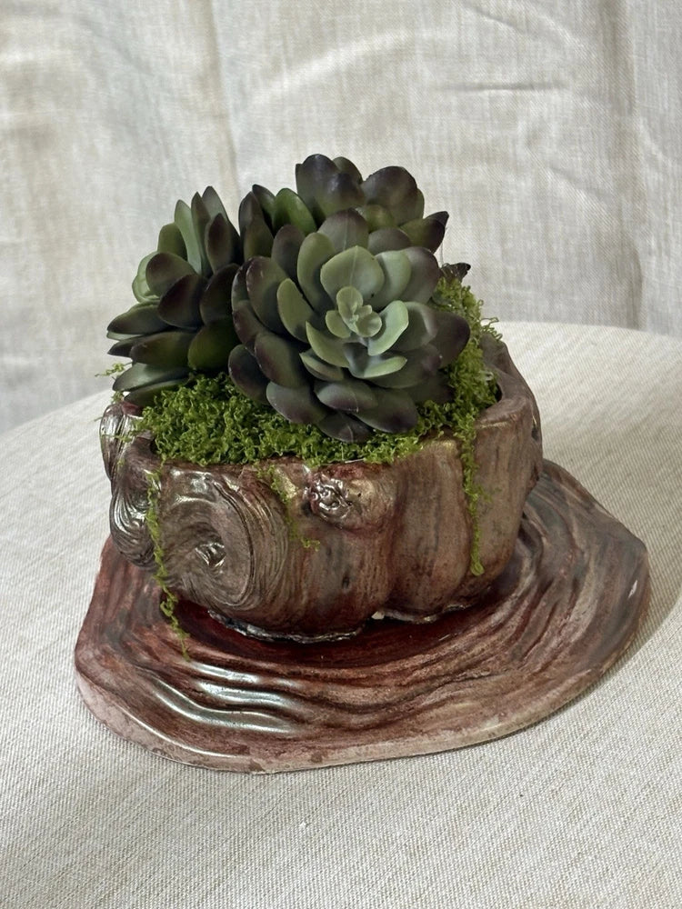 Artificial Succulents In Handmade Concrete Wood Look Pot With Saucer. Green Plant