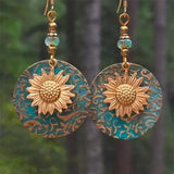 Beautiful Dangle Drop Sunflower Earrings Teal Green and Gold Fun Spring Summer _ Sunflower