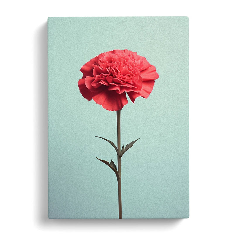 Red carnation flower minimal canvas wall art print with stem and leaves