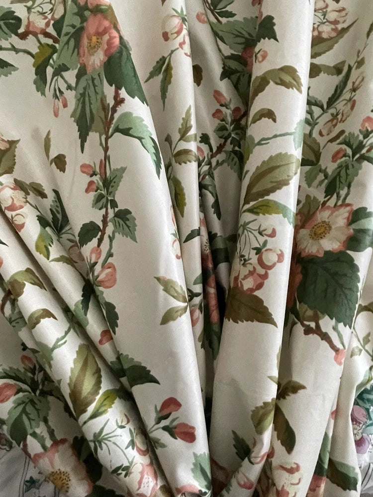 Ivory floral cotton fabric, pink and raspberry rose print, folded drape