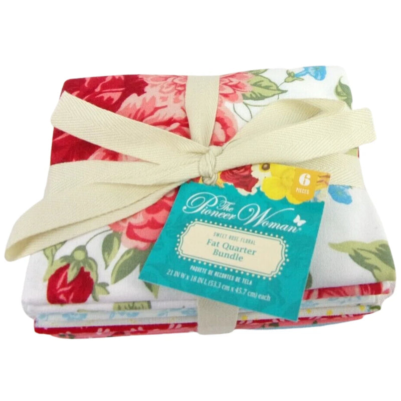Cotton quilt fabric bundle with rose floral prints, red, cream, and green