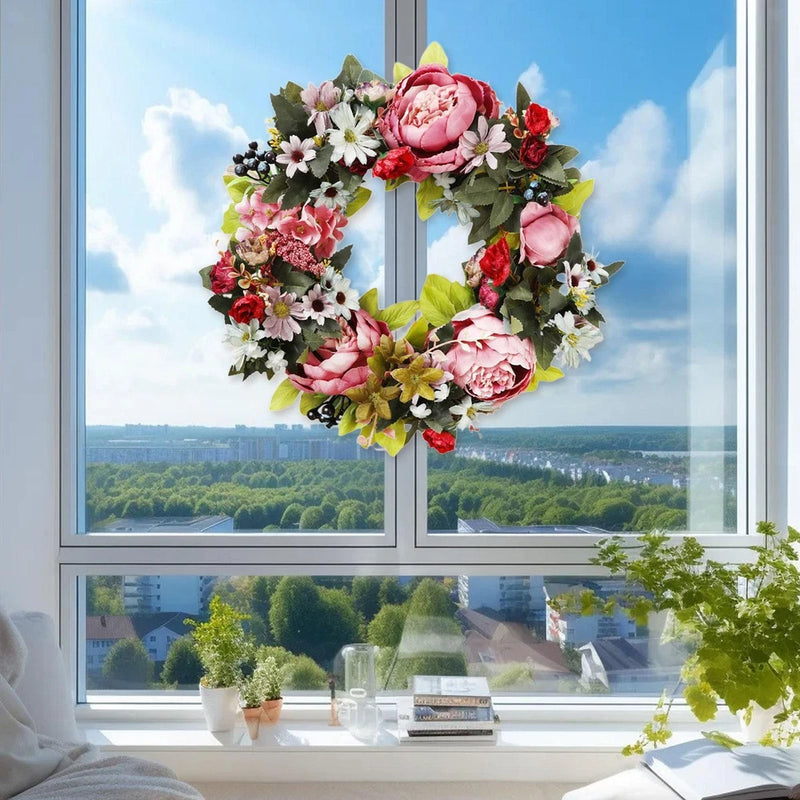 Artificial peony flower wreath with pink blooms, white blossoms, and green leaves