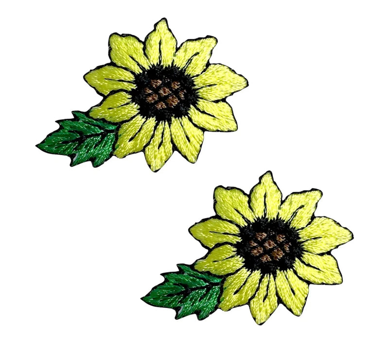 Set of 2 embroidered sunflower iron-on patches with green leaves, yellow petals, dark centers