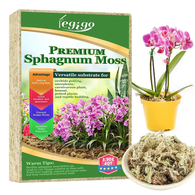 Natural sphagnum moss for plants in retail bag with loose moss shown in bowl