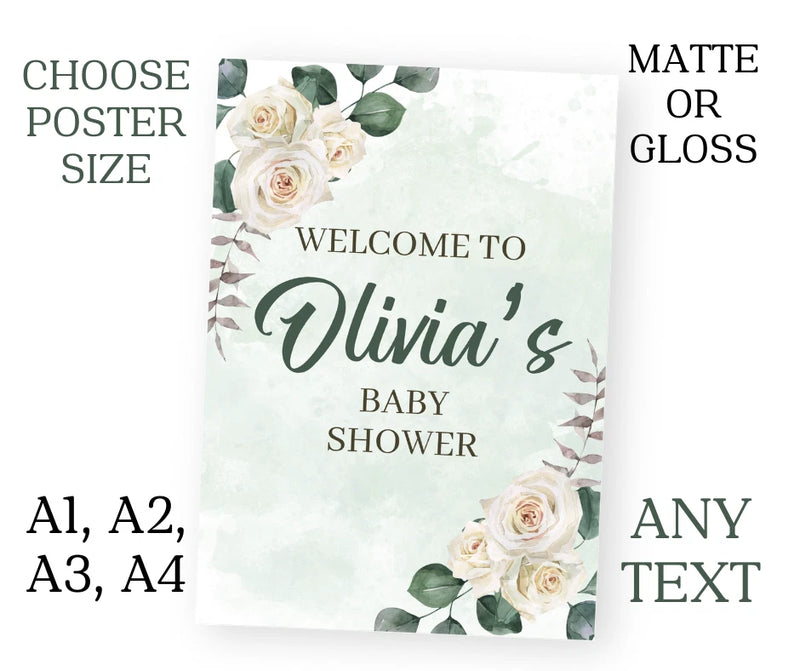 White baby shower poster with rose border and text: Welcome to Olivia's Baby Shower
