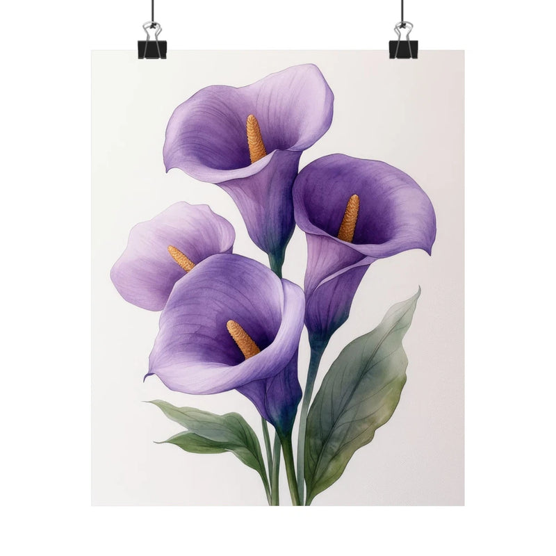 Lavender calla lily flower art print poster with five blooms on minimalist backdrop