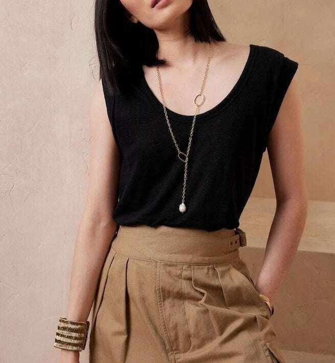 Black linen roll-cuff tank top with scoop neckline