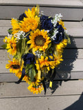 Cascading Bridal Bouquet Rustic Tuscan Yellow Sunflowers Blue Roses Ribbon Bouquet
