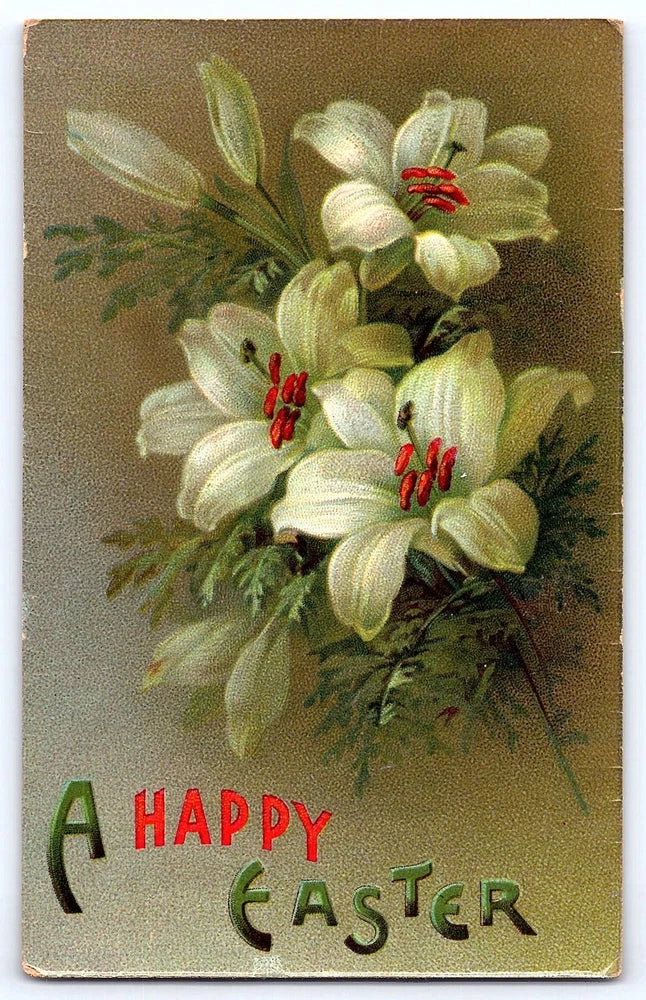 Easter lily floral postcard with "A HAPPY EASTER" text