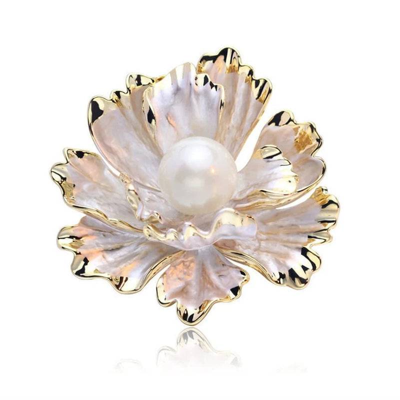 Peony flower brooch with white pearl center and iridescent petals, gold-tone edge