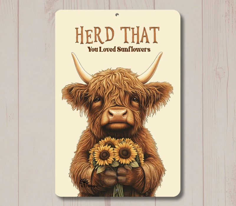 Highland Cow Sunflower Sign Herd That flowers kitchen metal wall art tin fluffy Sunflower