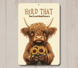 Highland Cow Sunflower Sign Herd That flowers kitchen metal wall art tin fluffy Sunflower