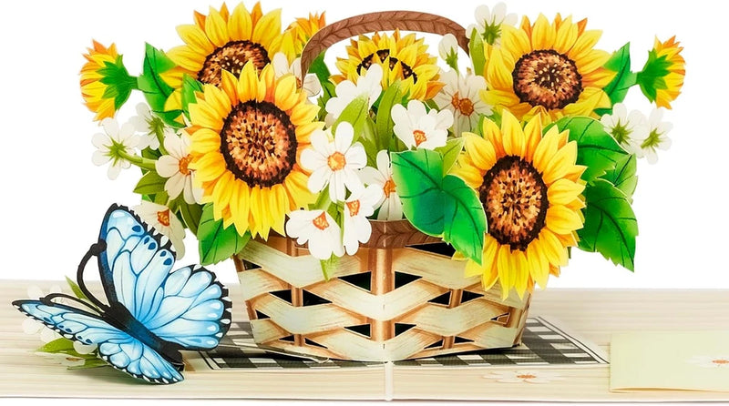 3D pop-up greeting card with sunflower flower basket and blue butterfly