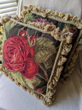 *One* Handmade Wool Velvet Floral Needlepoint Pillow w/ Tassel Fringe Signed 18" Hydrangea
