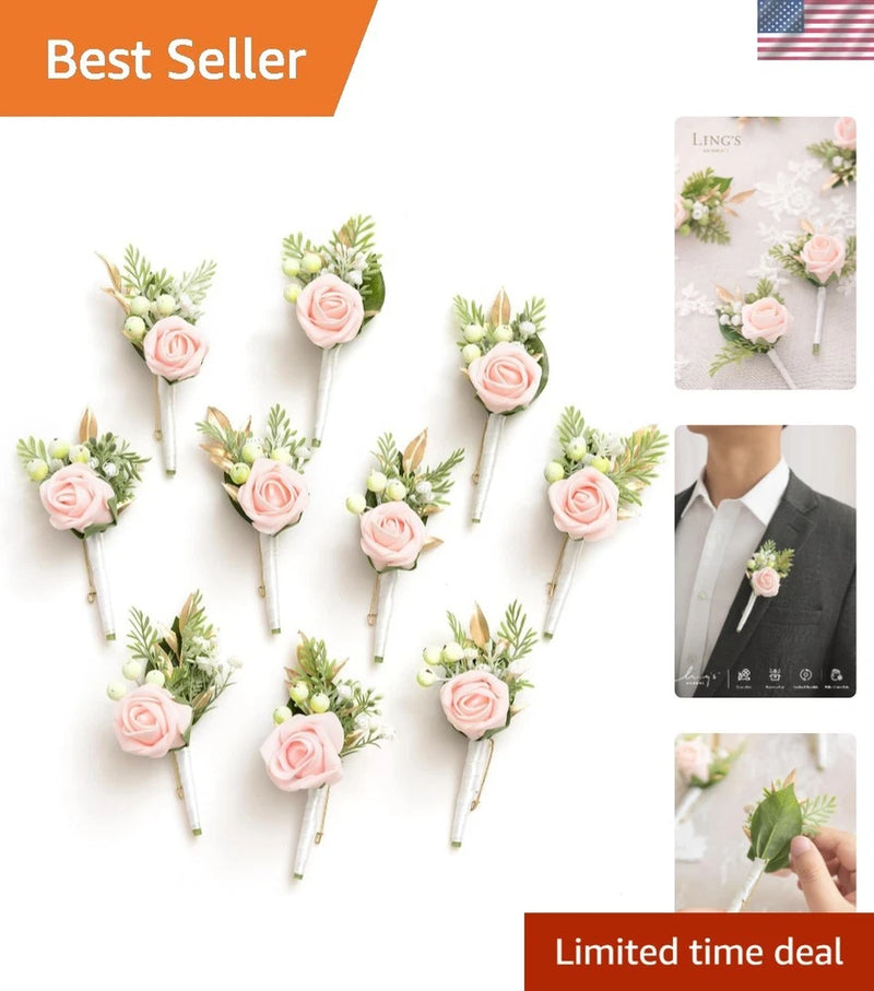Vintage-Inspired 10pcs Groomsman Boutonniere Set - Blush and Cream Flowers Bouquet
