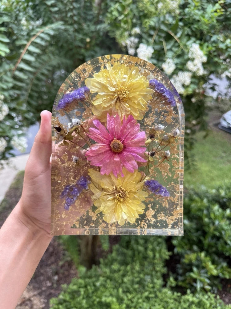 Pressed flower resin arch with gold foil, clear backing, pink purple yellow dried blooms