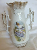 ANTIQUE Vntg Austrian Gibson Girl Hydrangea Floral PORCELAIN Twig HANDLED VASE Hydrangea