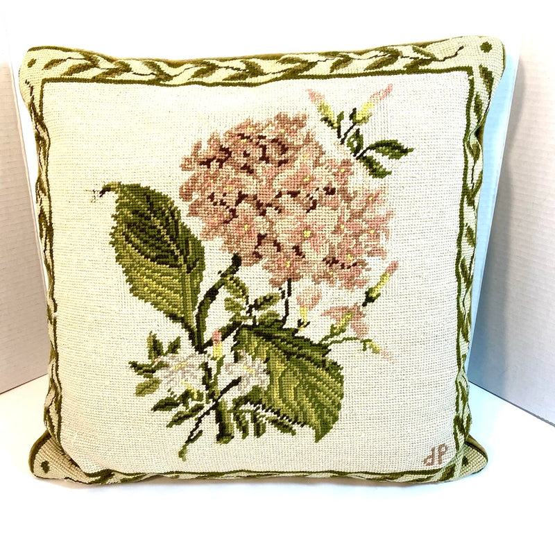 Vintage Needlepoint Hydrangea 16x16 Throw Pillow Velvet Backing Hydrangea