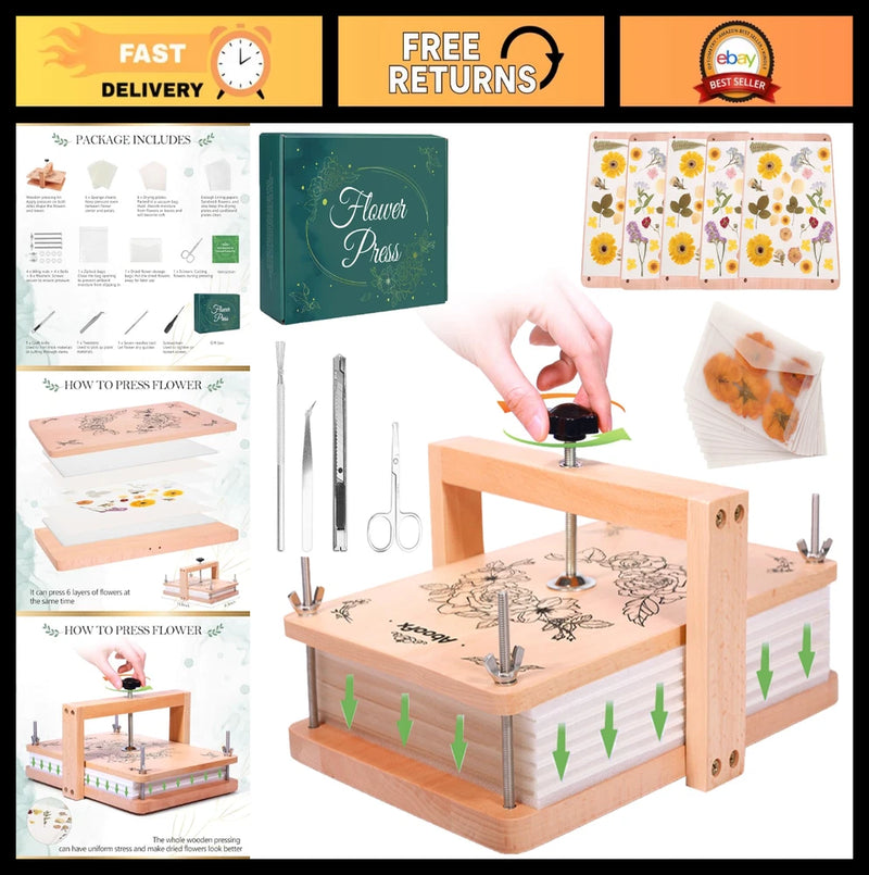 Wood flower press kit with 6 layers, clamps, and instructions for dried flower crafts