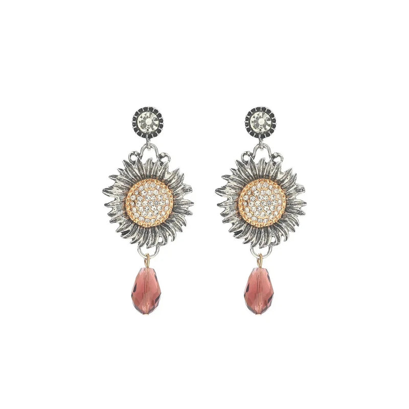 Vintage Rhinestone Sun Flower Drop Earrings 2025 Trendy Woman Charms Holiday Sunflower
