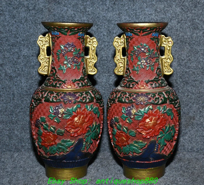 Pair of red and blue gilt lacquer floral vases with painted peonies