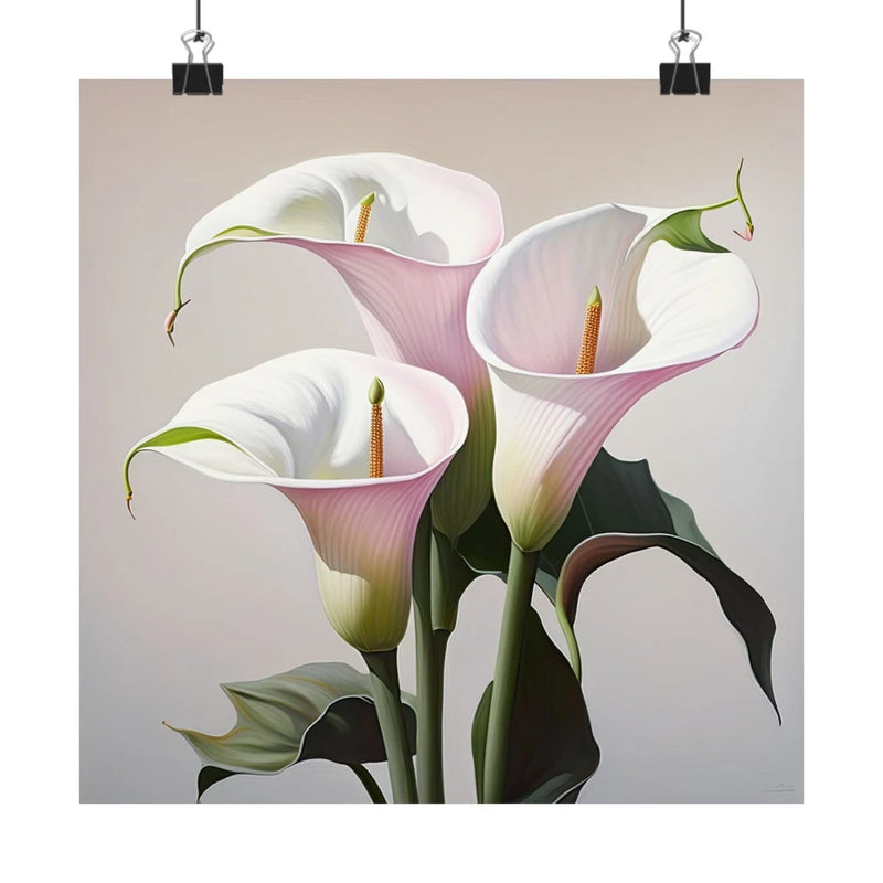 Pink and white calla lily flower art print with three blooms and green leaves