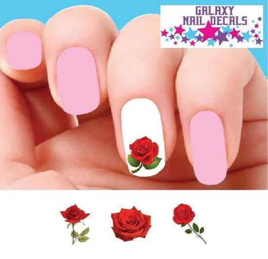 Nail decals with red rose and green leaves on white nail tips (set of 20)