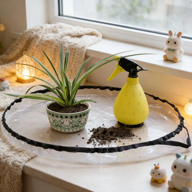Round reusable plant repotting mat, black tray for soil containment.