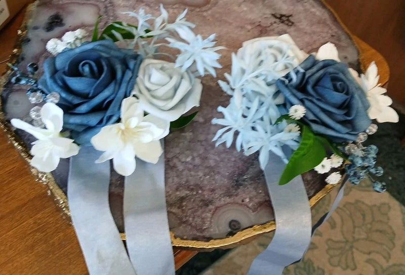 6 LING's Moment Dusty Blue Artificial Rose Boutaneers Bouquet