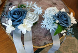 6 LING's Moment Dusty Blue Artificial Rose Boutaneers Bouquet