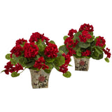 Geranium Flowering Silk Plant With Floral Planter Nearly Natural Set Of 2 Decor Green Plant