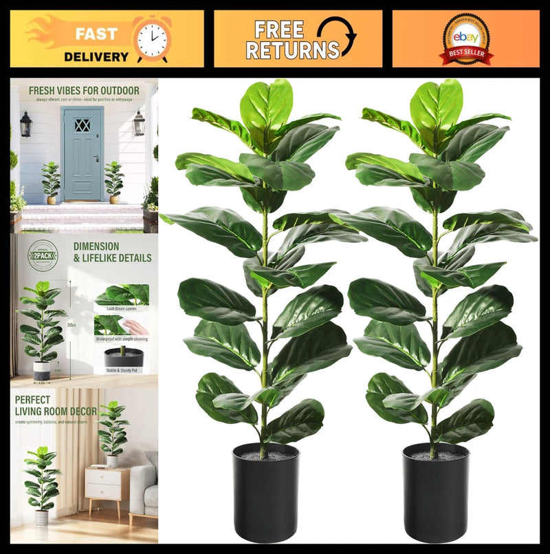 2 Pack 30" Artificial Fiddle Leaf Fig Trees - Faux Ficus Lyrata Plants for Home, Green Plant