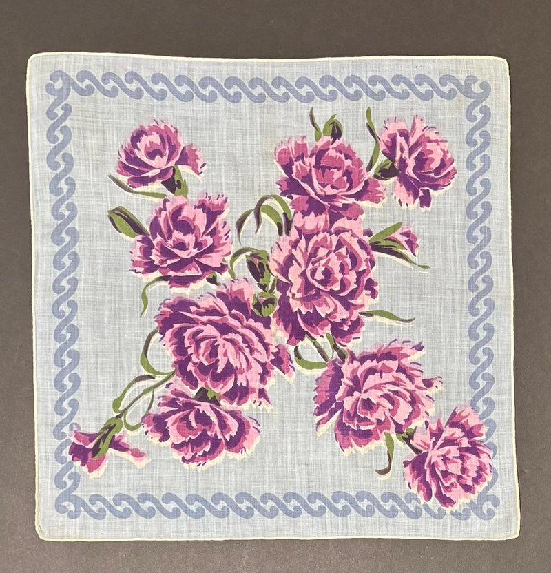 Vtg Hankie Handkerchief Pink Purple Carnations Flowers Lt Blue Bkgrd Rolled Edge Carnation
