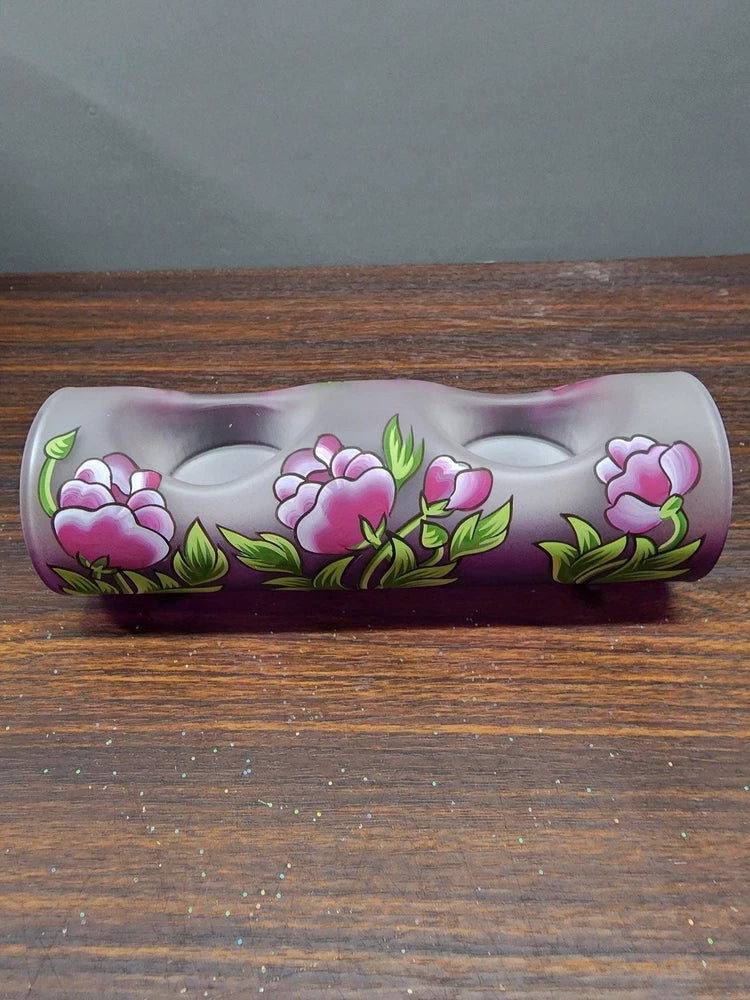 Purple glass double candle holder with floral peony design, holds two candles