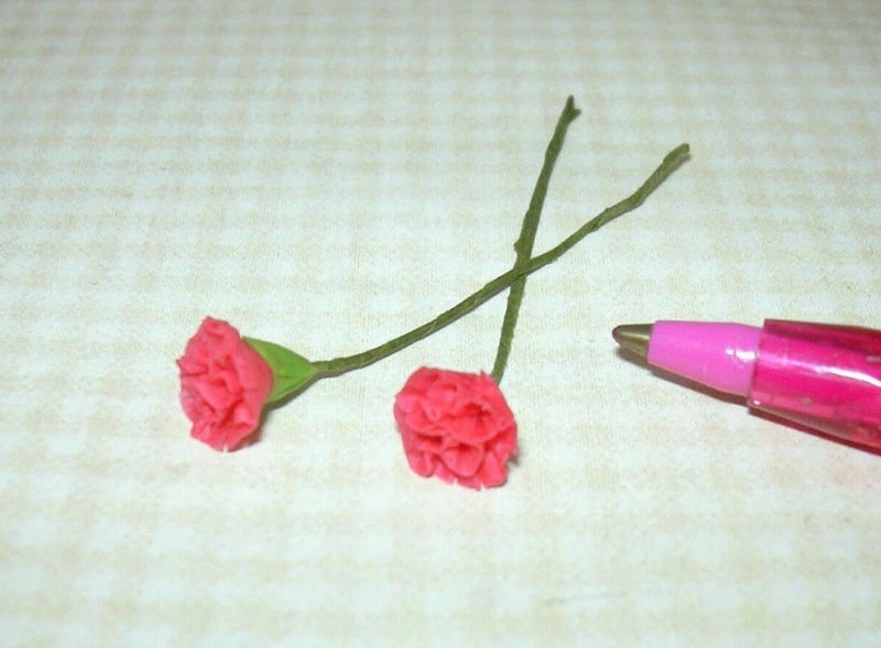 Miniature Loose Stems, Bright CORAL Carnations (2): DOLLHOUSE 1:12 Carnation