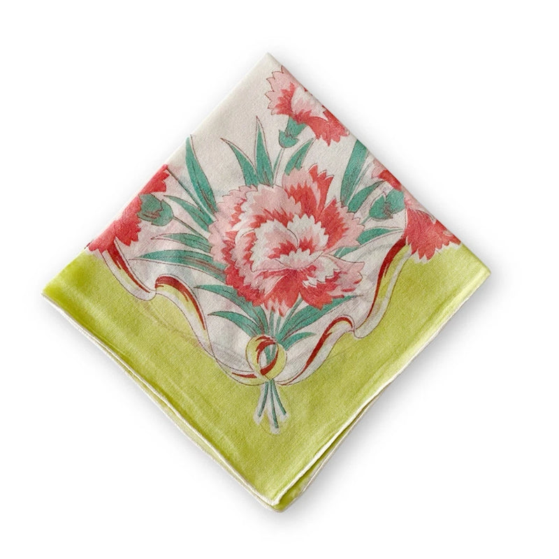 Floral handkerchief with lime green border and pink-red carnation print