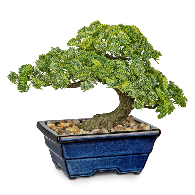 Artificial bonsai tree with green foliage in a blue ceramic rectangular pot