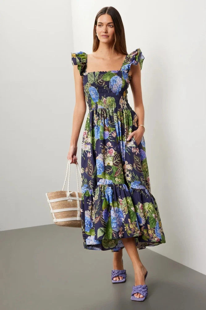 Cara Cara Ruby Hydrangea Midi Dress Cotton Blue Green Floral Ruffle Hydrangea