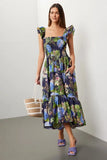 Cara Cara Ruby Hydrangea Midi Dress Cotton Blue Green Floral Ruffle Hydrangea