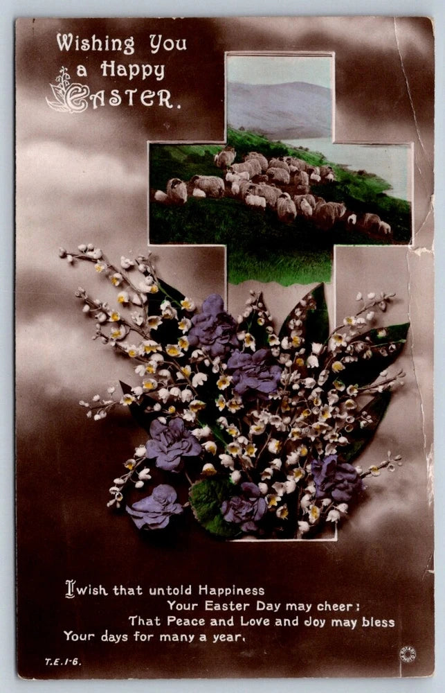 Easter floral cross rotary photo postcard with purple blossoms and greenery