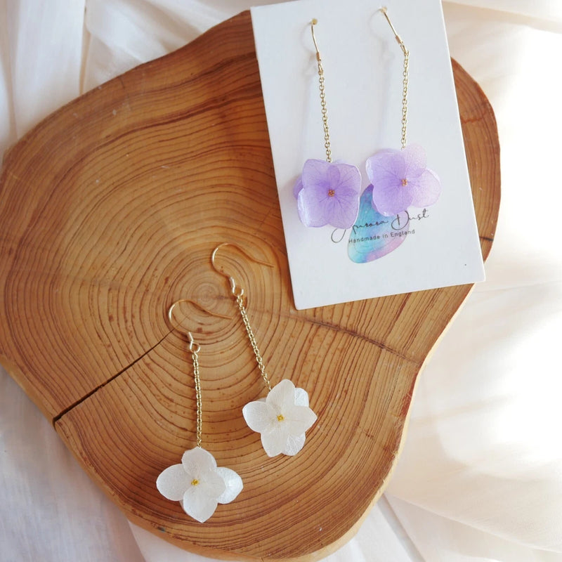 Real Hydrangea Long Earrings in 18K Gold over Solid 925 Sterling Silver Hydrangea