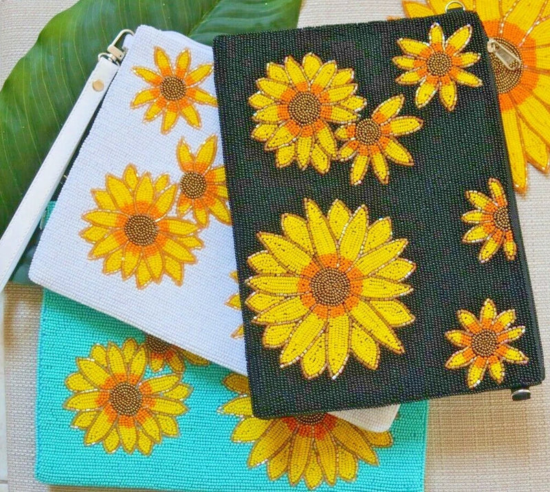 Handle-free beaded sunflower pouch bag, dark fabric with yellow flower appliques