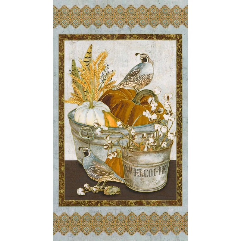 Robert Kaufman Warm Welcome 23.5" X 43.25" Autumn Quail Panel W/ Metallic Gold N Flowering Plants