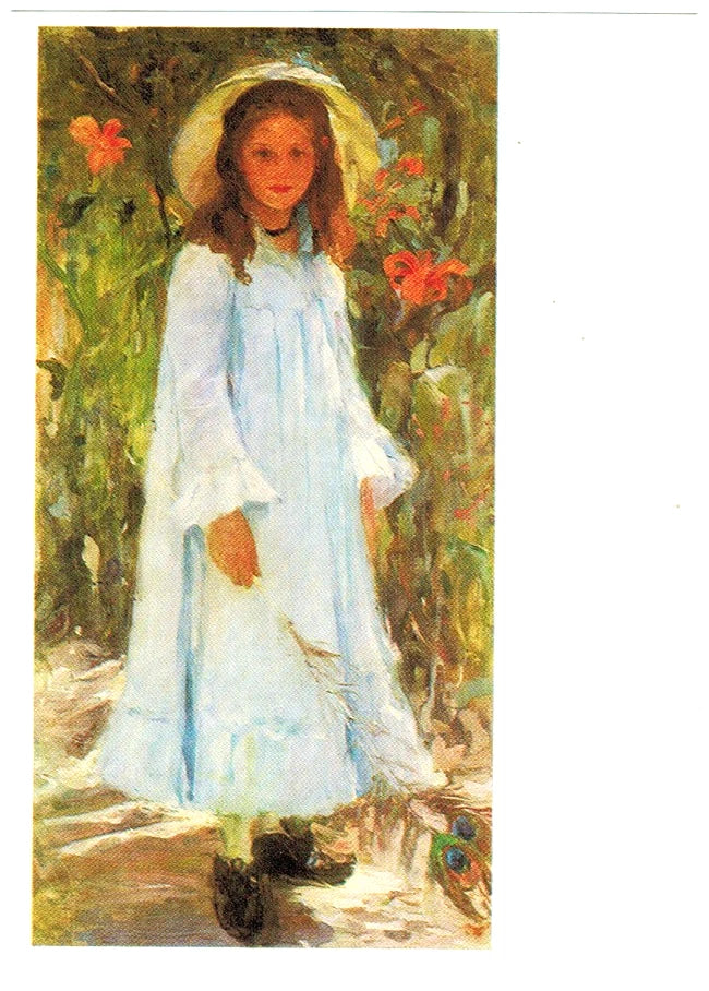 F.Krichevsky 1970's Ukrainian postcard GIRL BLUE DRESS SUN HAT Lilies flowers Lily