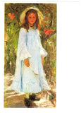 F.Krichevsky 1970's Ukrainian postcard GIRL BLUE DRESS SUN HAT Lilies flowers Lily