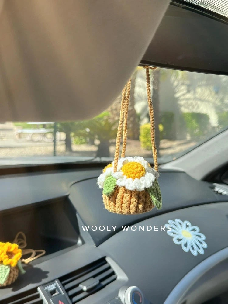 Crochet Daisy Flower Pot Car Accessory, Handmade, Rearview Mirror Decor Sunflower